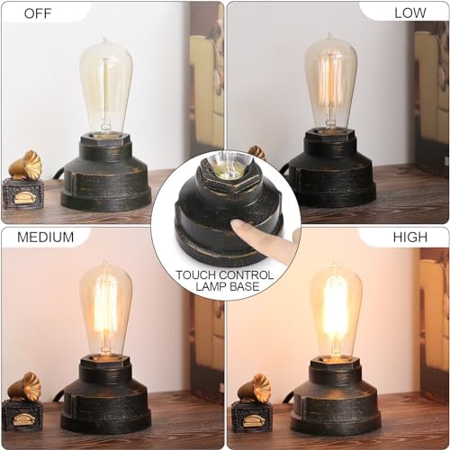 Small Touch Control Table Lamp Base, Industrial Touch Light Vintage Edison Bulb Base, Dimmable Bedside Nightstand Accent Light for Living Room Bedroom