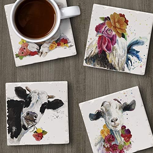 Thirstystone Fancy Farm Multi-Image Absorbent Stone Tumbled Tile Coaster 4 Pack with Protective Cork Backing Manufactured in The USA | 4" Square