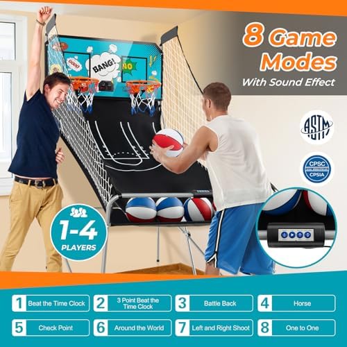 GYMAX Arcade Basketball Game Indoor Foldable with 8 Game Modes, Arcade Sound, 4 Balls and Inflation Pump, Electronic Basketball Games for All Ages Home