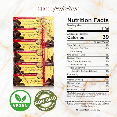 ChocoPerfection Sugar Free Dark Chocolate Bars - Gluten Free - 30 Pack 10G