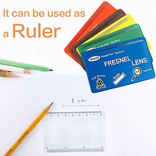 MagDepo 6 Pack Credit Card Size Magnifier Ruler Fire Starter Magnifying Glass Wallet Pocket Magnifier for Reading Small Print, Map, and Book-Blue