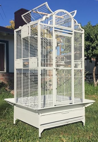Large Elegance and Durable Wrought Iron Open Play Top Stand Bird Parrot Rolling Cage, Include Metal Seed Guard Solid Metal Feeder Nest Door (White Vein, 24.0" L x 22.0" W x 63.0" H)