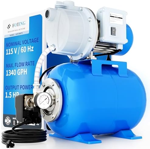 FOTING 1.5HP Shallow Well Pump w/Pressure Tank, 1340GPH Jet Pumps Garden Pump, Water Transfer Draining Irrigation Pumps