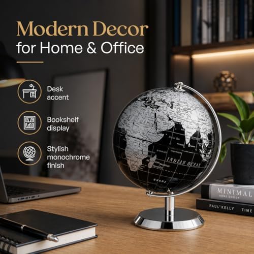 EXERZ 5.5 Inches Mini World Globe Black Rotating Desktop Globe | With Stainless Steel Base for Home Office School