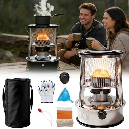 Indoor Heater Non-Electric, 9000 BTU Portable Kerosene Heater for Indoor & Outdoor Use, with Cooking Function, 6 Wicks & Bag, Height Adjustable for Camping, Emergency Heat & Survival (Black)