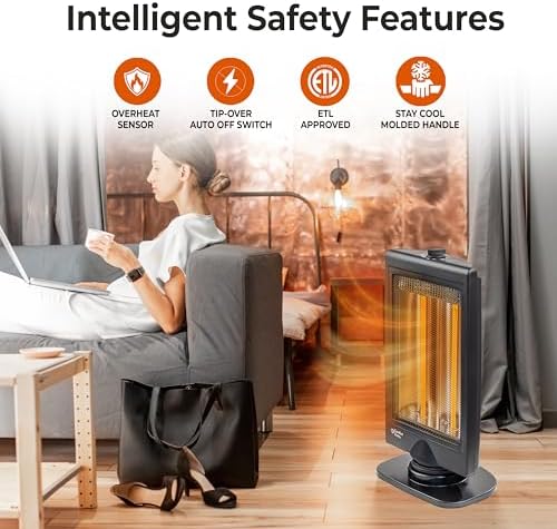 Comfort Zone Oscillating Portable Space Heater, Flat Panel, Halogen, Infrared, Electric, Adjustable Tilt, Overheat Sensor, Stay-Cool
