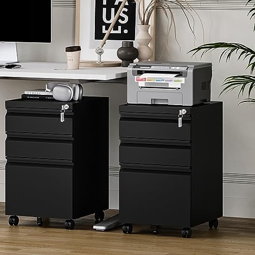 MIIIKO 3 Drawer File Cabinet with Lock, Metal Lateral Rolling Printer Stand Filing Cabinets for Home Office Storage,A4, Letter,File Folders(White)