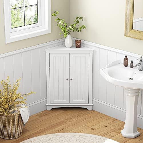 Spirich Corner Bathroom Cabinet with Doors and Adjustable Shelf, White