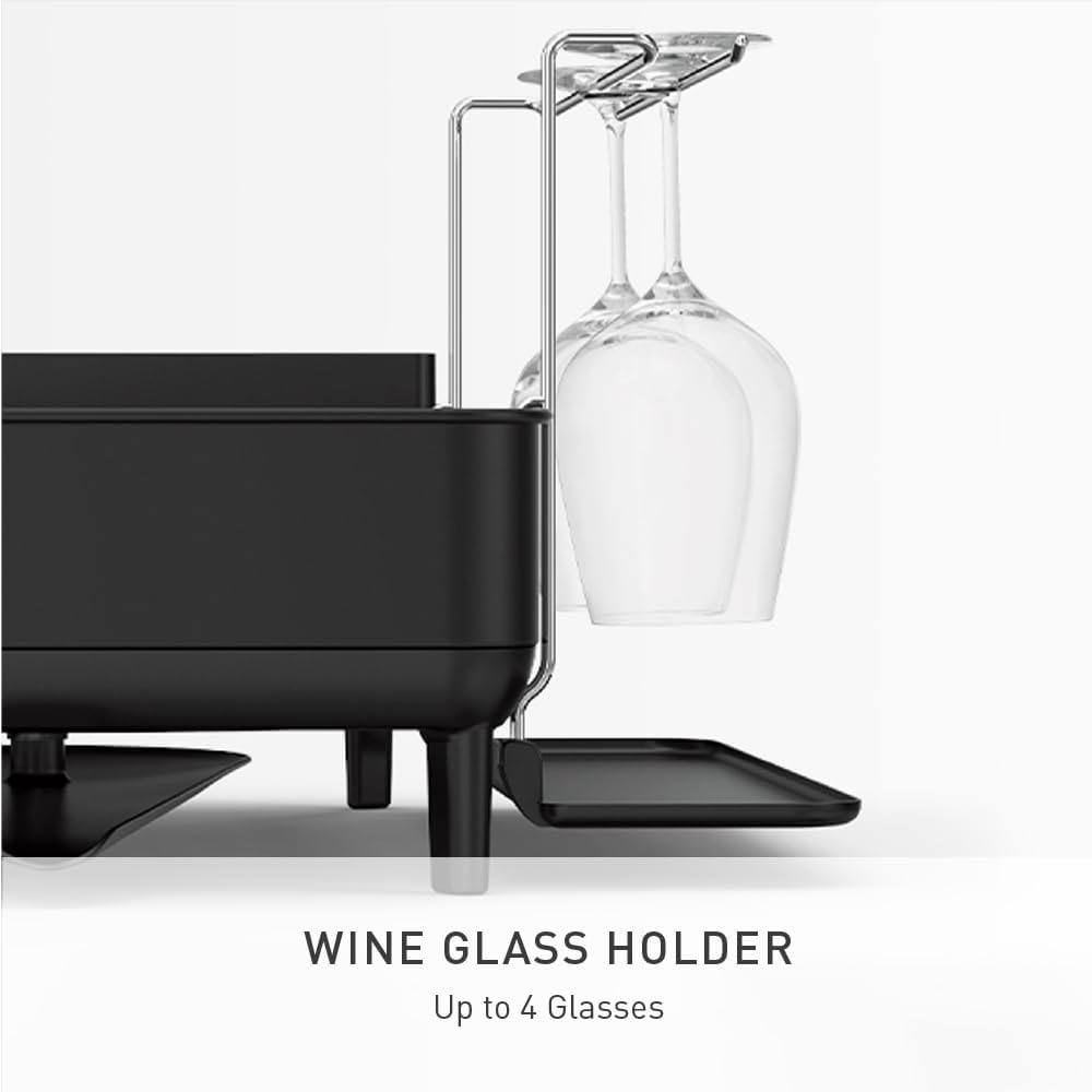 simplehuman Steel Frame Dishrack, Large Capacity Dish Drying Rack, 360º Easy Drain Swivel Spout, Utensil & Wine Glass Holder, Anti-Residue Coating