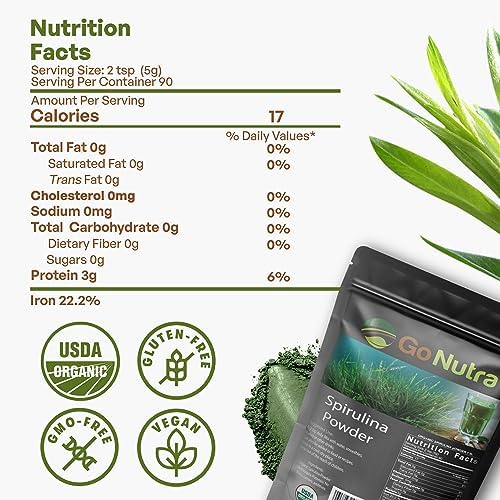 Organic Spirulina Powder, Herbal Supplement Superfoods, 16 Ounce | Pure Non-GMO Green Superfood with Antioxidants, Minerals, Fatty Acids, Fiber