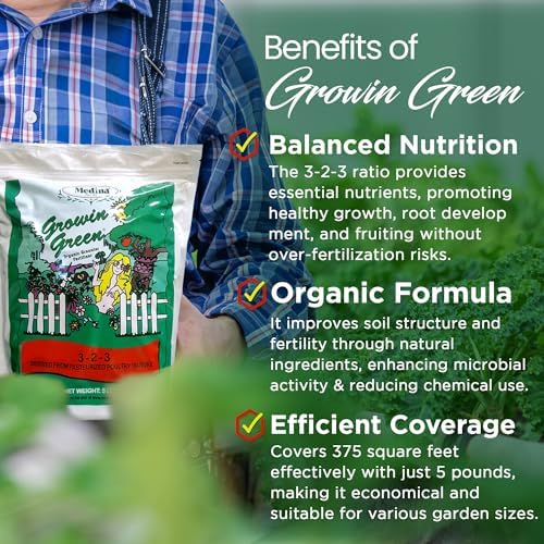Medina Growin Green Organic Granular Fertilizer, 5 lb Bag, 3-2-3 | Nutrient Rich Soil Enhancer, Granules for Lush Gardens, Lawns, and Plants