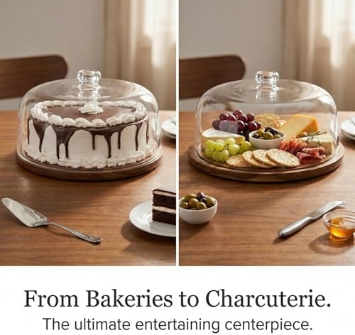 Godinger Cake Stand, Cake Plate Server Platter with Dome, Acacia Wood and Shaterproof Acrylic Lid
