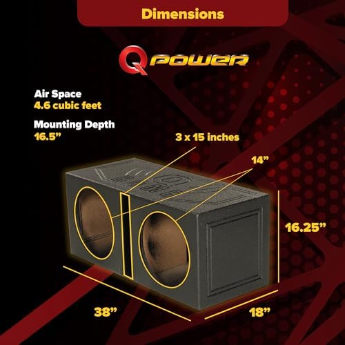 Q Power Q Bomb Series 15" Dual Ported SubwooferSpeaker Enclosure | Vented Sub Box Chamber Design with Black Bed Liner Spray Finish, Car Audio Sound System Accessory