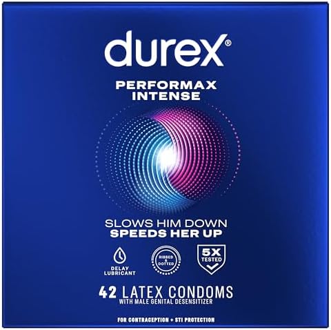 Condoms, Ultra Fine, Ribbed, Dotted with Delay Lubricant, Durex Performax Intense Natural Rubber Latex Condoms, 12 Count, Contains Desensitizing Lube for Men