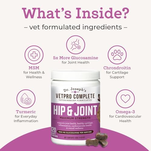 Dr. Joseph's VetPro Complete Dog Hip & Joint Wellness Supplement – High-Strength Glucosamine, MSM, Omega & Chondroitin Chews and Breeds – Vet Formulated Chicken Dog Treat - 120 Count
