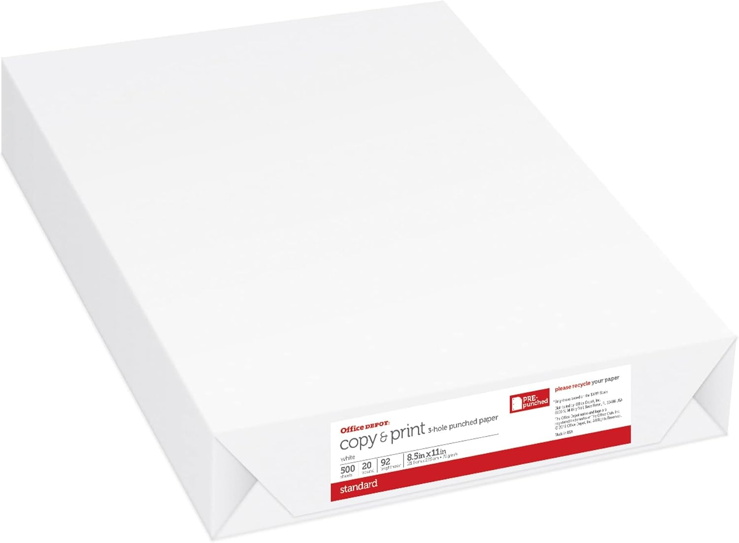 Office Depot® 3-Hole Punched Multi-Use Printer & Copy Paper, 3 Reams, White, Letter (8.5" x 11"), 1500 Sheets Per Case, 20 Lb, 92 Brightness