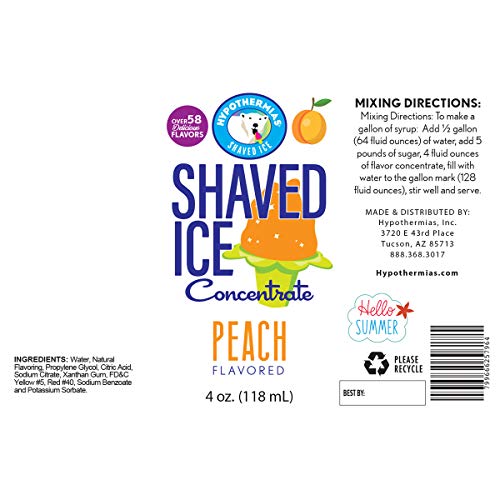 Hypothermias Shaved Ice and Snow Cone Syrup Unsweetened Flavor Concentrate - 4 Fl Oz - Makes 1 Gallon of Ready to Use Syrup - Peach - Must Add