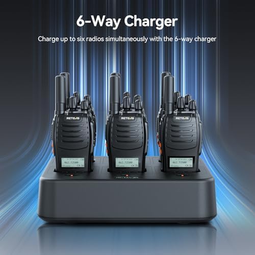 Retevis H777H Walkie Talkies with Earpeice,Portable FRS-Two Way Radio 6Pack | For Schools, Shatterproof Hidden Display, 6-Way Charger, USB-C, Emergency Alarm, Flashlight, with Stretchable Coiled Headset