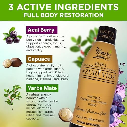 Nzuri Vida All-Natural Energy & Stress Support Tonic – 10-in-1 Total Body Restoration Drink with Acai Berry, Cupuacu & Yerba Mate – Smooth Energy