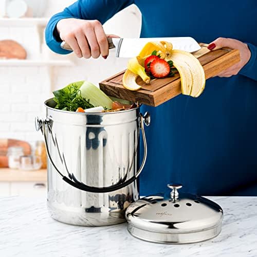 RED FACTOR Premium Compost Bin for Kitchen Countertop - Stainless Steel Food Waste Bucket with Innovative Dual Filter Technology - Includes Spare