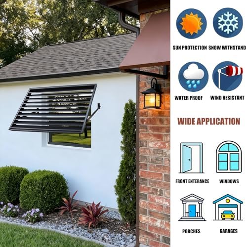 56 in W x 32 in H Shutters Window Awnings Exterior, Aluminum Black Window Shutters Fixed Metal Awning for Door Entrance, Windows