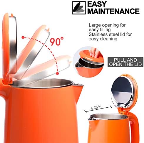 Secura Stainless Steel Double Wall Electric Kettle Water Heater for Tea Coffee w/Auto Shut-Off and Boil-Dry Protection, 1.0L (Orange) SWK-1001DO/HB-K012