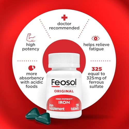 Feosol Original Iron Supplement Tablets, Non-heme, 65mg Iron per Pill, 1 Per Day, 120ct, 4 Month Supply, for Energy and Immune System Support, Made in USA