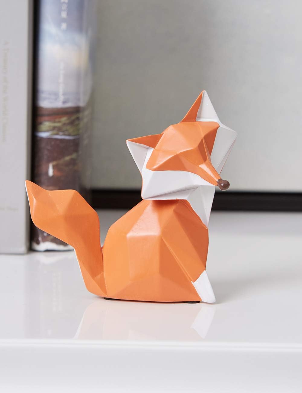 HAUCOZE Fox Statue Figurine Animal Sculpture Modern Home Decor 4.0 Inch | Orange Resin Geometric Art Birthday Holiday Gift Handmade Ornament for