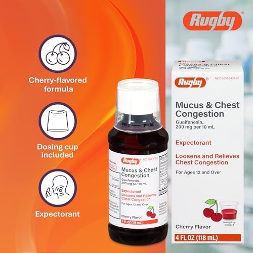 Rugby Mucus & Chest Congestion Guaifenesin 200 mg, 4 Fl Oz (1-Pack) | Cherry Flavor, Expectorant Cough Syrup, Loosens and Relieves Chest Congestion