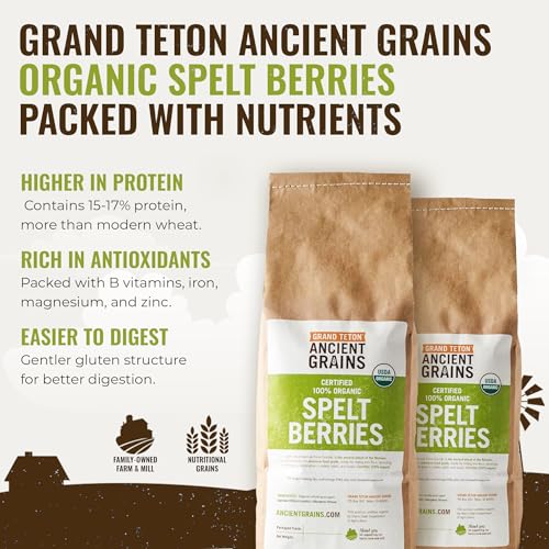 Grand Teton Ancient Grains - 100% Organic Spelt Berries, Whole Unmilled Spelt Berries, US-Grown Farro Organic Grain, Nutritious Baking Staple
