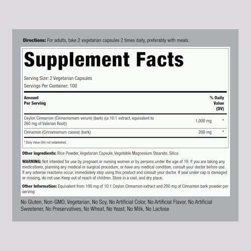 Piping Rock Ceylon Cinnamon Capsules | 200 Count | Complex Herbal Extract Supplement for Women and Men | Vegetarian, Non-GMO, Gluten Free