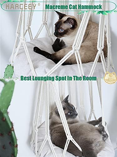 KARCEEY Macrame Cat Hammock Hanging Bed - Boho Wall Swing with Catnip Cushion for Wall Climber & Window Perch - Hardware Kit Included