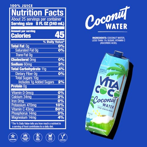 Vita Coco Coconut Water, Pure Original, Refreshing Coconut Taste, Natural Electrolytes, Vital Nutrients, 33.8 Oz (Pack of 6)