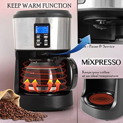 Mixpresso 5-Cup Drip Coffee Maker, Automatic Brew Coffee Pot Machine with Built-In Burr Coffee Grinder