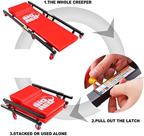 BIG RED Rolling Garage/Shop Creeper: 2-Piece, 36" Padded Mechanic Cart with Headrest and 6 Casters, Red,AR7565B,Torin