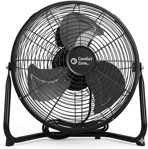 Comfort Zone 9 inch Cradle Fan, 3 Speed Floor or Table Fan with180 Degree Tilt, Metal Construction and Aluminum Blades, Carry Handle, Rubber Feet, Ideal for Bedroom, Workshop, or Garage, Black