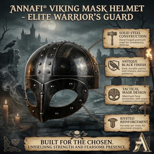 AnNafi® Black Plated Antique Medieval Viking Mask Helmet, Premium Quality Soldier Helm Adult with Liner & Strap