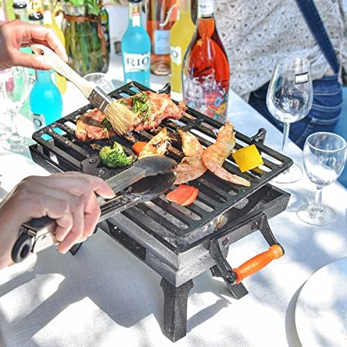 Sungmor Compact Cast Iron Charcoal Grill - Tabletop BBQ Grill with Adjustable Grate & Wooden Handles