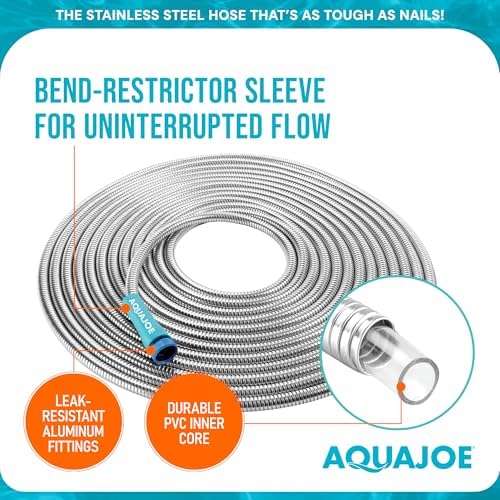 Aqua Joe 50-Foot Heavy Duty Garden Hose, Spiral 304 Stainless Steel Metal Hose, Puncture Proof, 1/2 Inch Diameter with Aluminum Fittings, AJSGH50