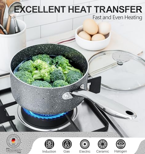 MICHELANGELO 2 Quart Saucepan with Lid, Nonstick Sauce Pan with Healthy Coating, Granite Sauce Pan with Stainless Steel Handle