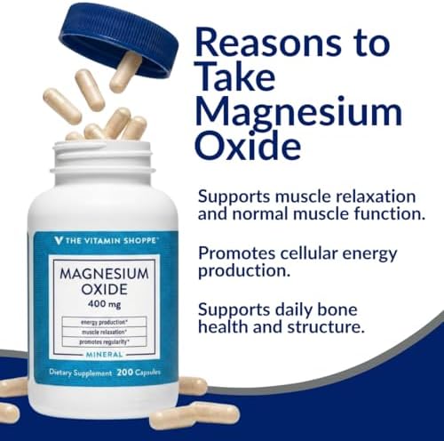 The Vitamin Shoppe Brand Magnesium Oxide 400 mg, Bone Support, 200 Count | Daily Magnesium Mineral for Muscle Relaxation