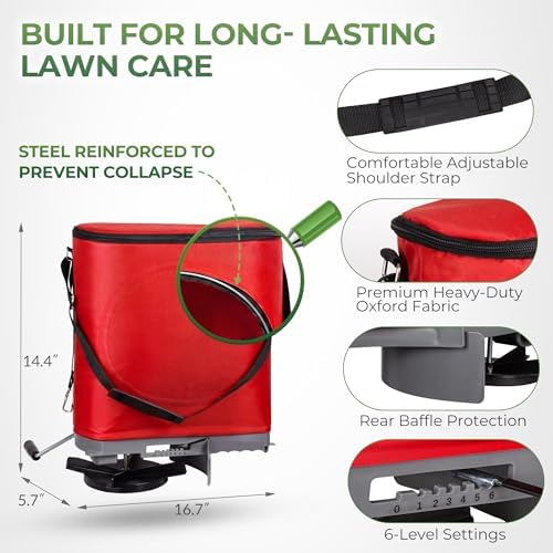 Walensee 25lb Handheld Bag Seed Spreader with Enclosed Metal Gears, Rear Baffle, Adjustable Flow Control, Durable Oxford Bag, Shoulder Strap