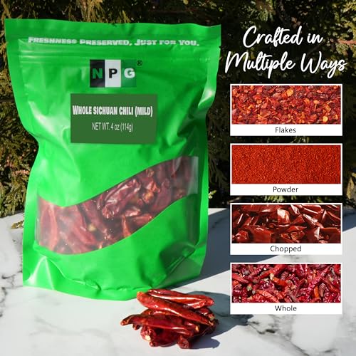 NPG Sichuan Dried Red Chili Peppers 4 Oz, Mild Hot, Whole Chili Peppers
