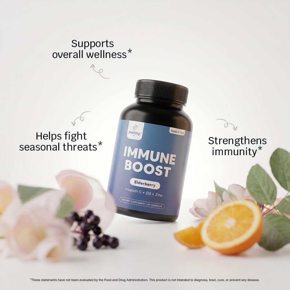 Immune Support Capsules for Adults with Elderberry, Vitamin C, Vitamin D3 & Zinc – Daily Immune Defense Supplement | Zealthy Life | 60 Capsules