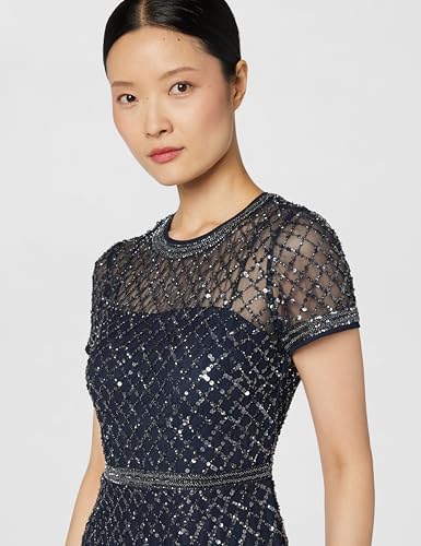 Adrianna Papell Womens Short-Sleeve Grid Beaded Gown
