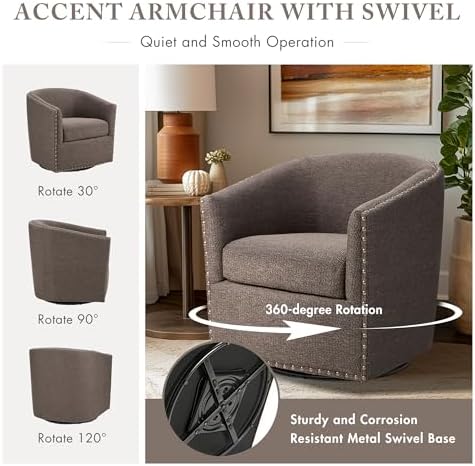 Madison Park Swivel Barrel Accent Chair, Upholstered Curved Back with 7-Inch Thick Woven Cushion, 360° Swivel, Nailhead Trim, Comfy Chair for Living Room, Bedroom, Office, 28" Wide, Neutral, Tyler
