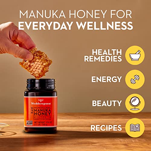 Wedderspoon Raw Manuka Honey 150+ MGO, 17.6 Oz, Unpasteurized New Zealand Honey, Non-GMO, BPA-Free Jar, Superfood & Natural Wellness Support | Unpasteurized New Zealand Honey, Non-GMO, BPA-Free Jar, Superfood & Natural Wellness Support