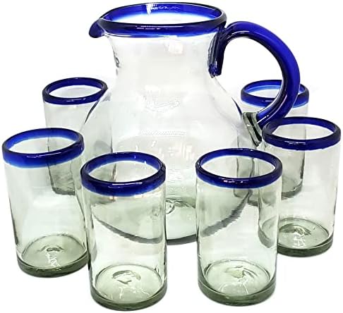 Cobalt Blue Rim 120 oz Pitcher and 6 Drinking Glasses set, Recycled Glass, Lead-free, Toxin-Free (Pitcher & Glasses)