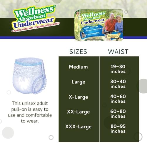 Unique Wellness-Absorbent Underwear (Pull-Ups) Size Medium (19"–30" Waist) 16 Count, Made in USA