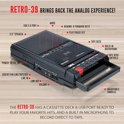 QFX Portable Shoebox Cassette Tape Player Recorder, RETRO-39BT | USB to Cassette Recording, Built-In Mic, 3.5" Bluetooth Speaker, FM Radio